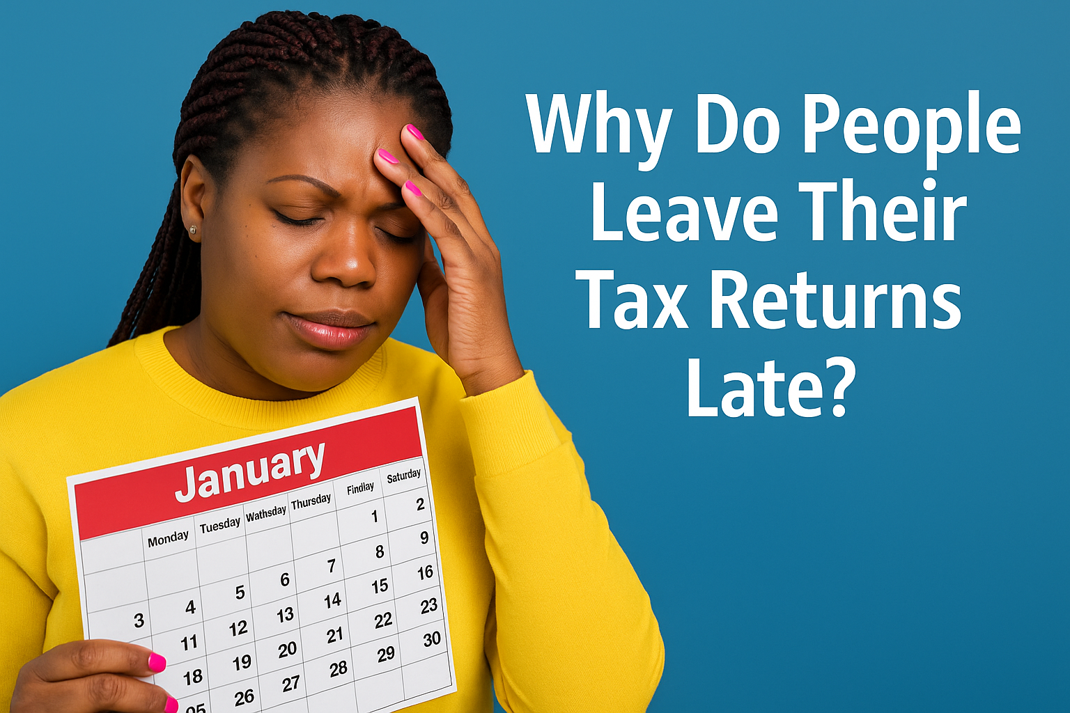 A woman holding a January calendar with a hand to her forehead, showing stress — next to the question “Why Do People Leave Their Tax Returns Late?” on a solid blue background.
