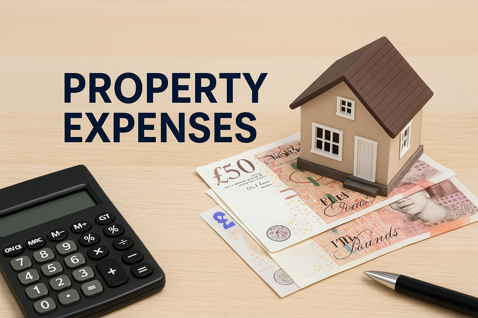 A miniature model house placed on top of British £50 notes, next to a calculator and pen on a wooden desk, with the words "PROPERTY EXPENSES" in bold lettering — representing costs related to property ownership and tax