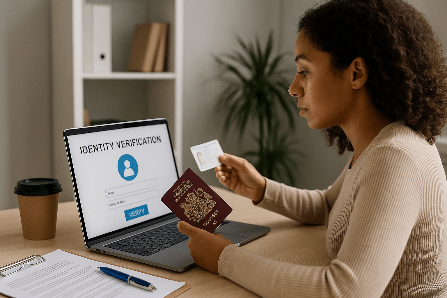 Woman completing identity verification online using a passport and ID card, representing Companies House ID check requirements