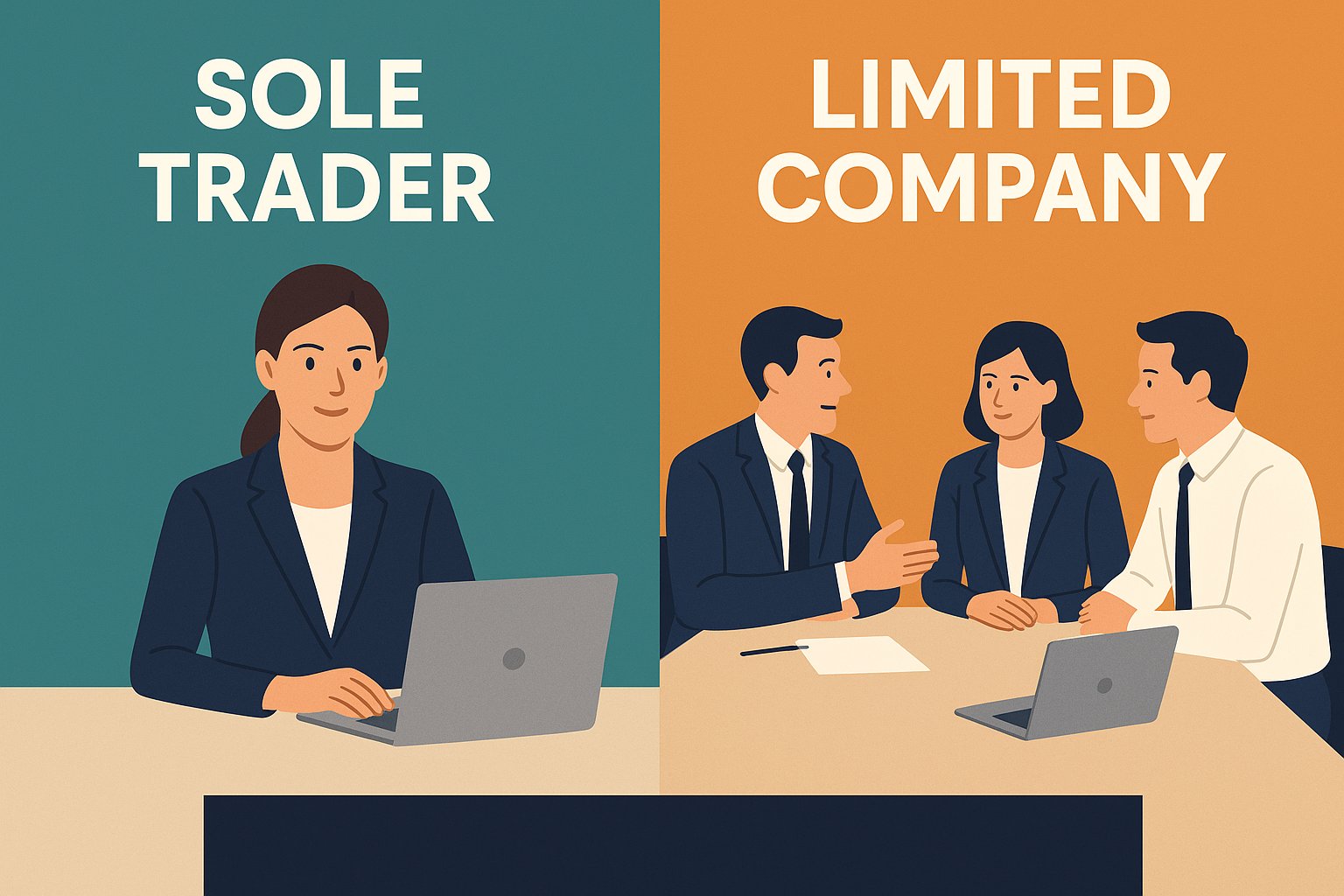A split screen showing a confident businesswoman at a desk on one side (representing a Sole Trader) and a small team around a meeting table on the other (representing a Limited Company).