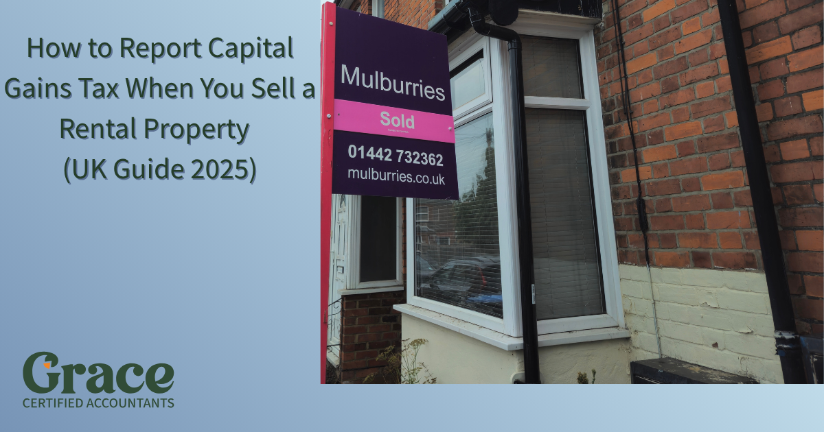Sold rental property in the UK – front of terraced house with estate agent sign and blog title about Capital Gains Tax (UK 2025)
