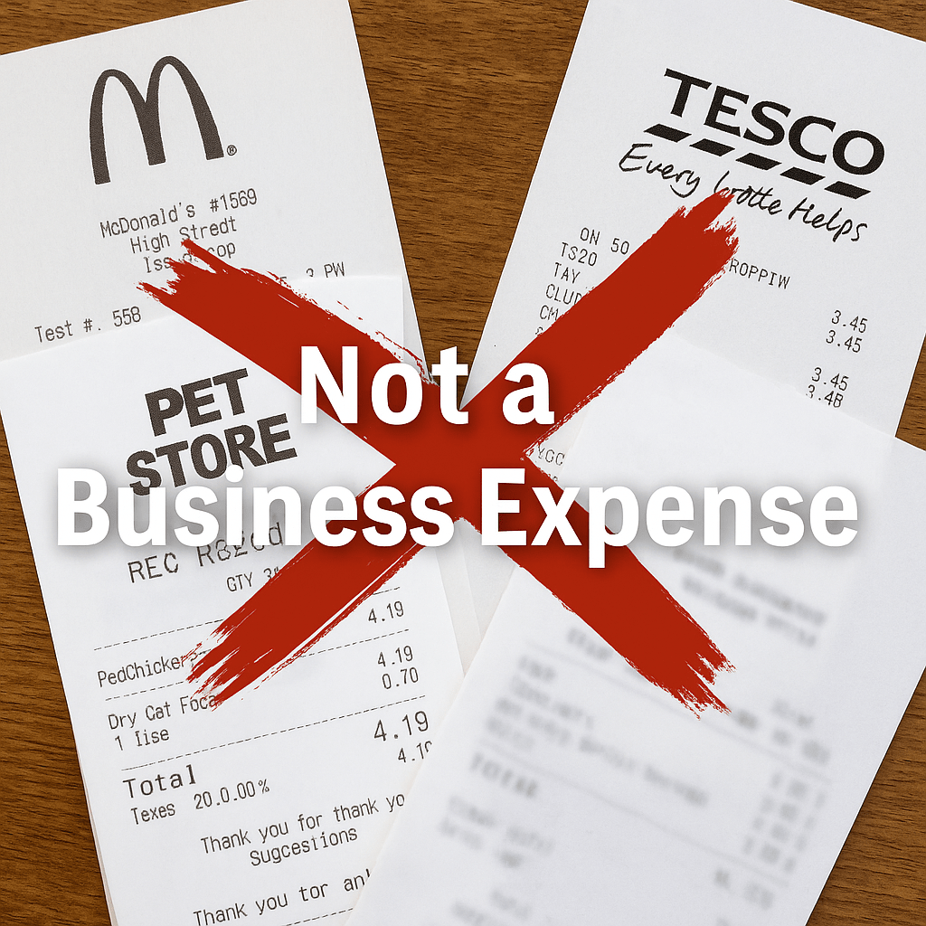 Receipts from McDonald's, grocery and pet stores marked as disallowed business expenses in the UK.