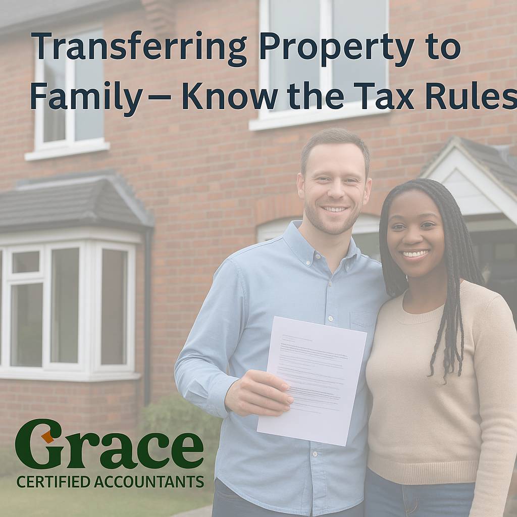 Smiling couple standing outside a UK home holding documents, representing a property transfer between family members