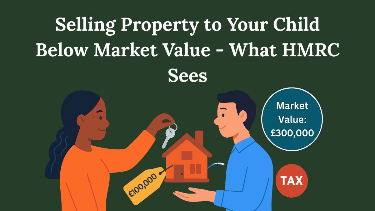 Illustration of a house being handed from a parent to a child with money and tax icons, showing a mix of sale and gift.