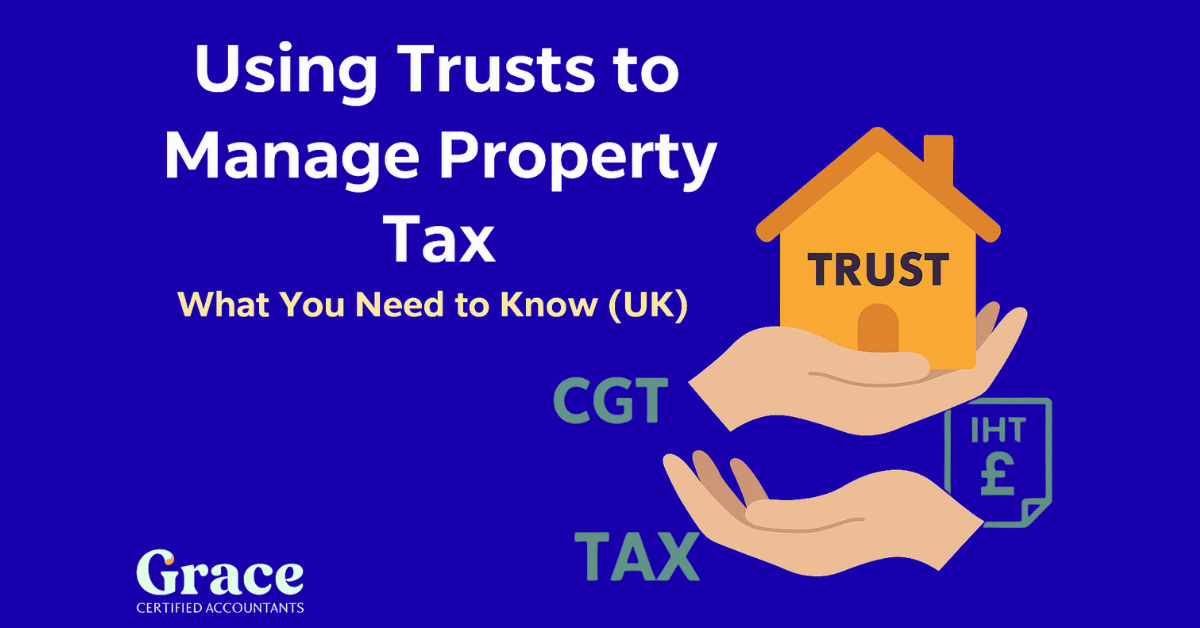 Illustration showing a home labelled “Trust” being handed over with tax symbols in the background — representing CGT and IHT issues.