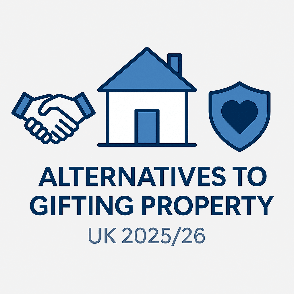 Icons of house, handshake, and shield – representing trusts, joint ownership and insurance as alternatives to gifting property in the UK.