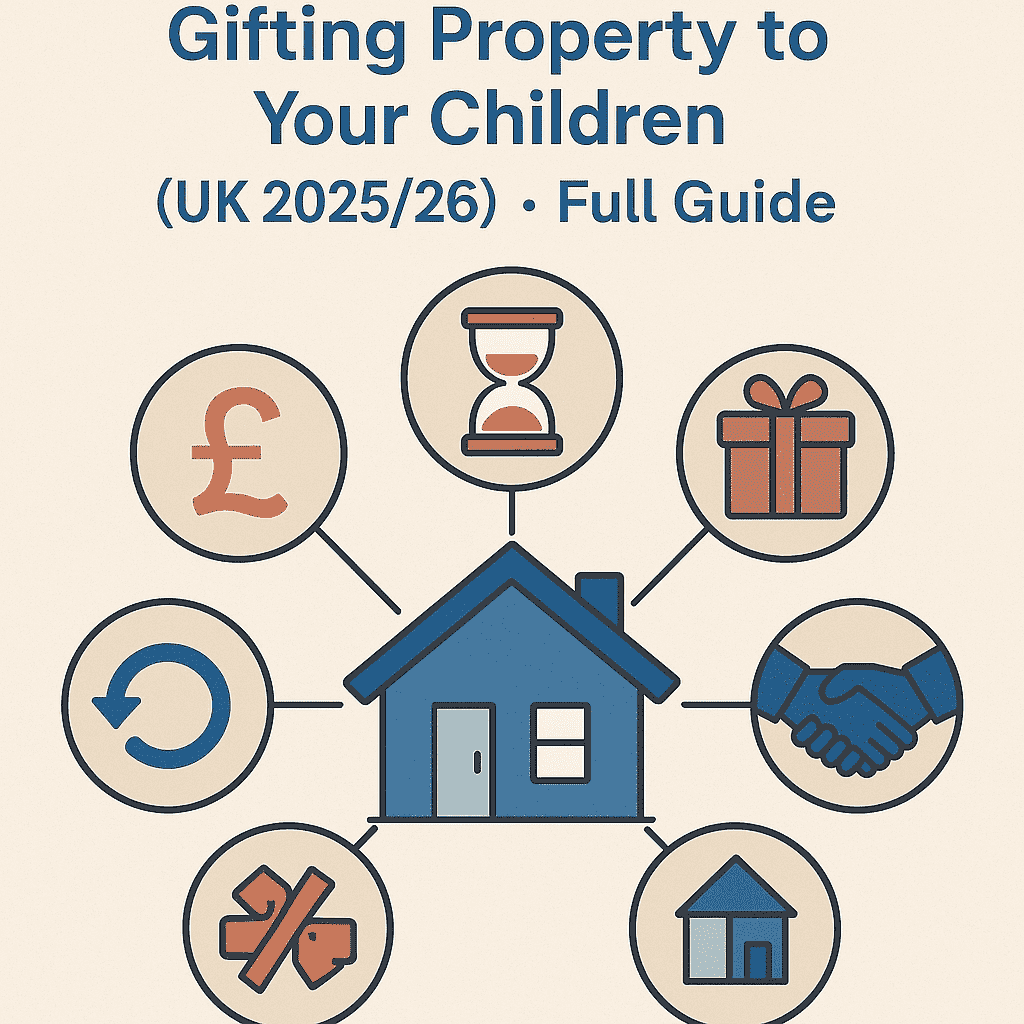 House surrounded by five icons representing key stages of gifting property – full UK tax guide 2025/26.