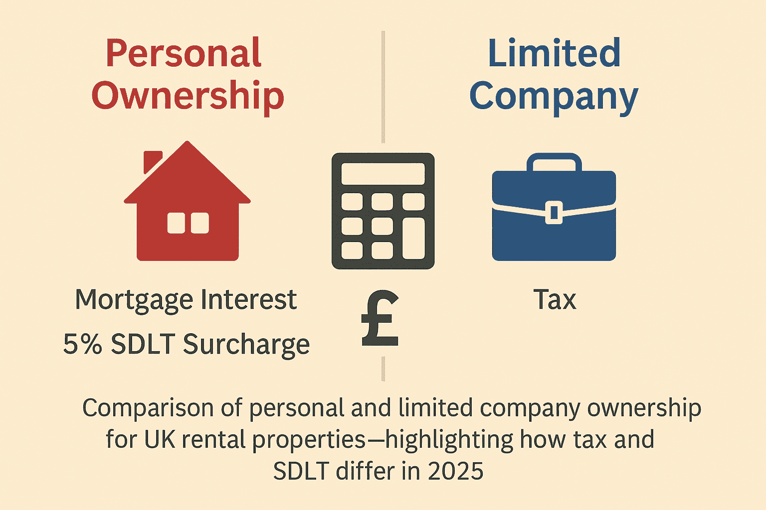 Illustration comparing personal and limited company ownership for UK rental properties, showing mortgage interest and 5 percent SDLT surcharge differences in 2025.