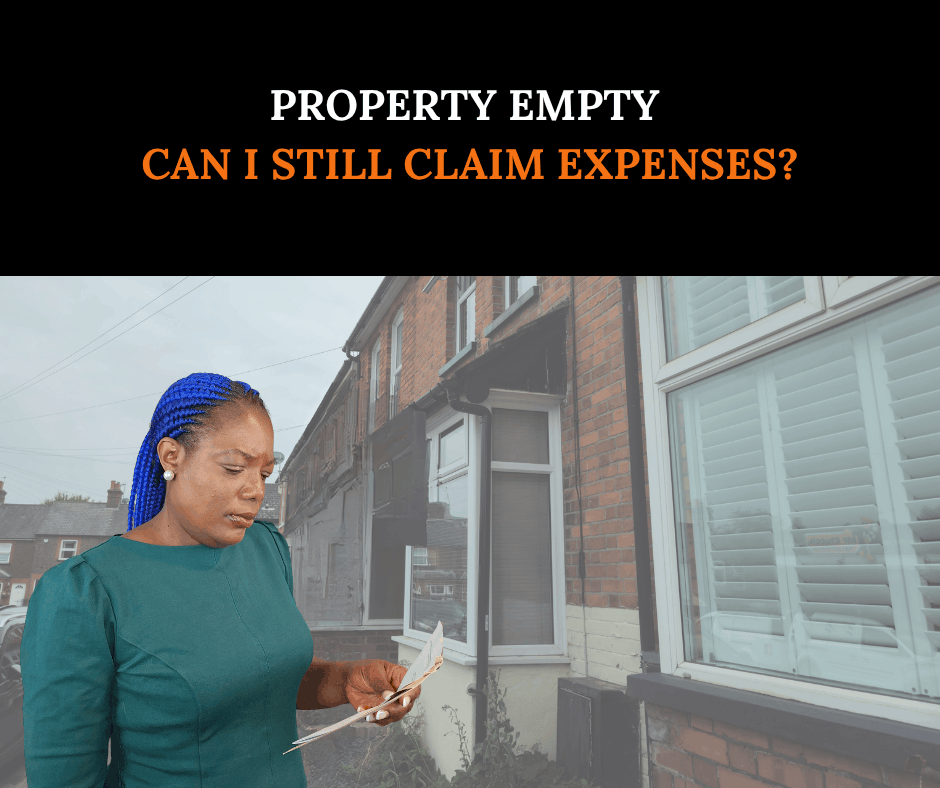 Dora Ngoma of Grace Certified Accountants reviewing paperwork outside a residential property, with the headline 'Property Empty? Can I Still Claim Expenses?