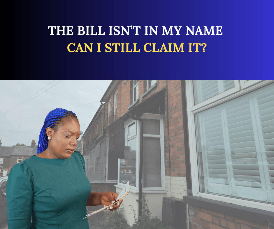 Dora Ngoma of Grace Certified Accountants reviewing paperwork outside a residential property, with the headline “The Bill Isn’t in My Name — Can I Still Claim It?